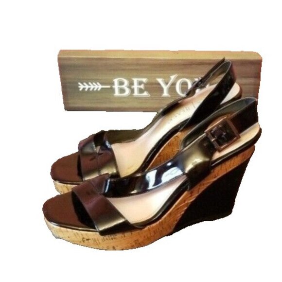 White House Black Market Womens Wedges Size 10 Black Sling Back Open Toe Dressy - Picture 1 of 5